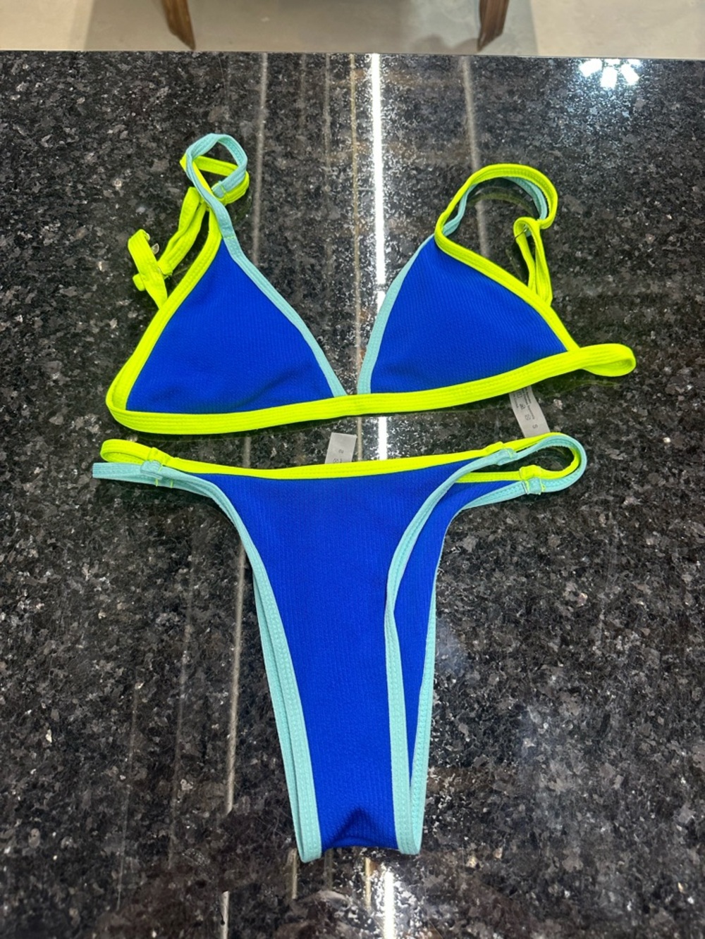 Blue Triangle Bikini with Neon Yellow Trim